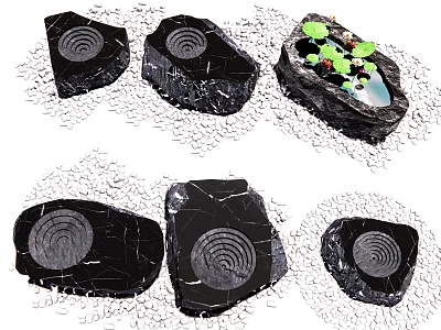 Unique Garden Decorations With Stone Bases Circular Patterns Small Pond And Green Plants 3d model