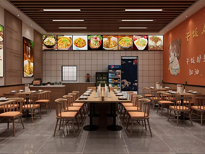 Chinese Restaurant Dining Area With Wooden Ceiling Tables Chairs And Menu Display Screens 3d model