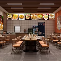 Chinese Restaurant Dining Area With Wooden Ceiling Tables Chairs And Menu Display Screens