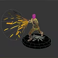 Man With Yellow Glowing Sparks Standing On Black Base With Wolf Head Symbol