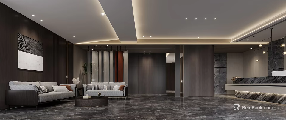 Modern Hotel Lobby Interior With Spacious Layout Marble Floor And Wooden Elements 3d model