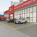 4S Auto Shop Exterior With Parked Sedan SUV Truck And Glass Facade