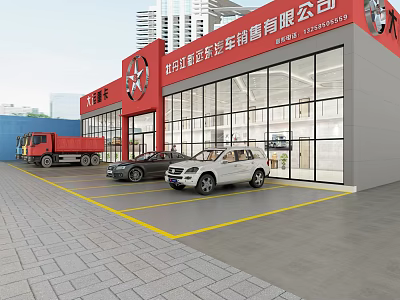 4S Auto Shop Exterior With Parked Sedan SUV Truck And Glass Facade 3d model