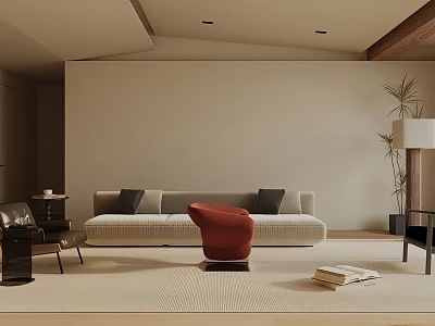 Modern Living Room Interior With Beige Sofa Red Accent Chair Textured Rug And Potted Plant 3d model