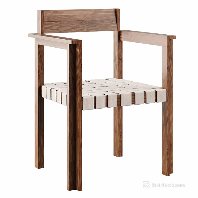 Minimalist Single Chair With Wooden Frame Armrests And Woven Seat 3d model 