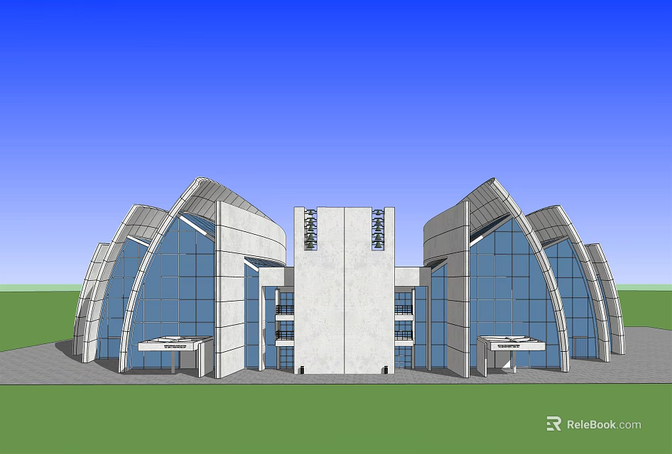 Modern Convention Center Architecture Featuring Glass Facade Curved Structures Green Lawn And Blue Sky 3d model 