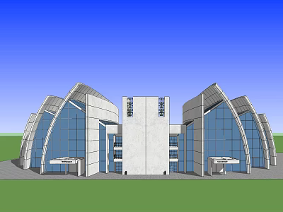 Modern Convention Center Architecture Featuring Glass Facade Curved Structures Green Lawn And Blue Sky 3d model