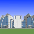 Modern Convention Center Architecture Featuring Glass Facade Curved Structures Green Lawn And Blue Sky