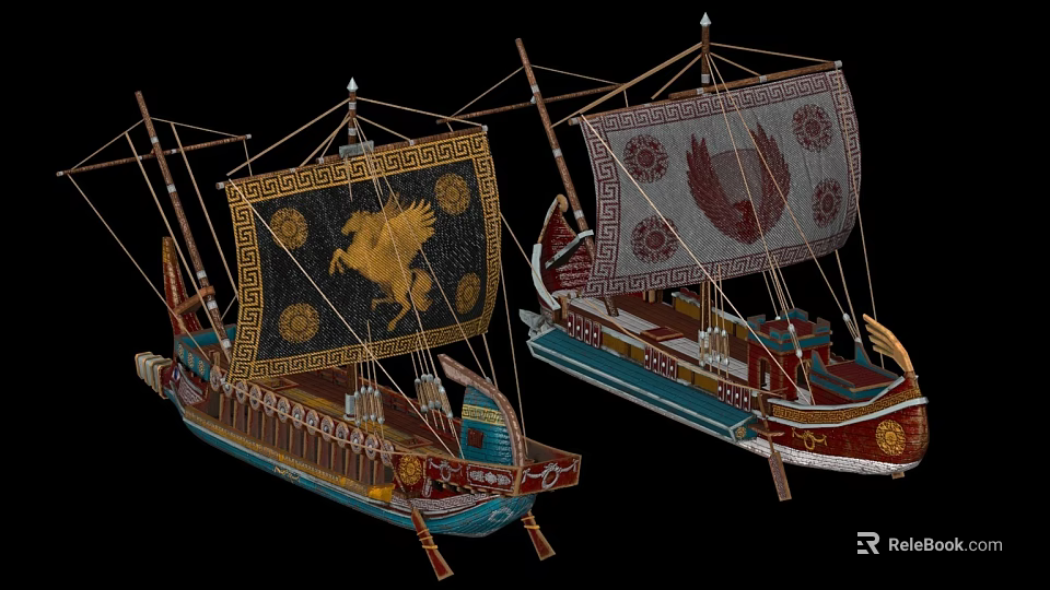 Ancient Ornate Sailboats with Golden Eagle and Red Eagle Designs on Sails Decorative Wood Structure and Colorful Details 3d model 