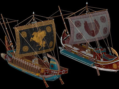 Ancient Ornate Sailboats with Golden Eagle and Red Eagle Designs on Sails Decorative Wood Structure and Colorful Details 3d model
