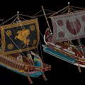 Ancient Ornate Sailboats with Golden Eagle and Red Eagle Designs on Sails Decorative Wood Structure and Colorful Details