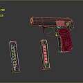 Black Pistol With Red Grip And Two Magazines Featuring Visible Bullets On Reflective Surface 3d model