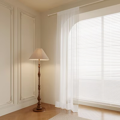 Elegant Room Corner With White Walls Decorative Moldings Floor Lamp And Venetian Blinds 3d model