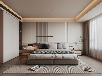 Modern Minimalist Bedroom Interior With Comfortable Bed Nightstand Wardrobe And Decorative Plant 3d model