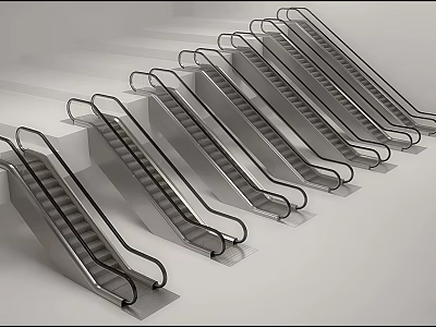 Modern Escalators with Metallic Structure Black Handrails and Silver Steps Neatly Arranged 3d model