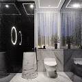 Modern Luxury Hotel Bathroom Interior With Marble Walls Round Ring Lights And Gray Sheer Curtain