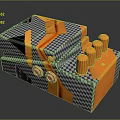 Abstract Orange And Black White Checkered Geometric Model With Stacked Boxes And Cylindrical Parts