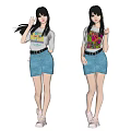 Two Women Wearing White T Shirts With Colorful Graphics And Blue Denim Skirts Making Gestures