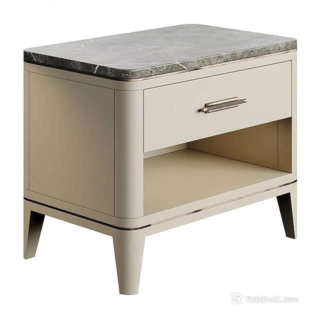 Modern Beige Nightstand With Marble Top Drawer Metal Handle Open Shelf And Slim Legs 3d model 