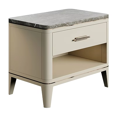 Modern Beige Nightstand With Marble Top Drawer Metal Handle Open Shelf And Slim Legs 3d model