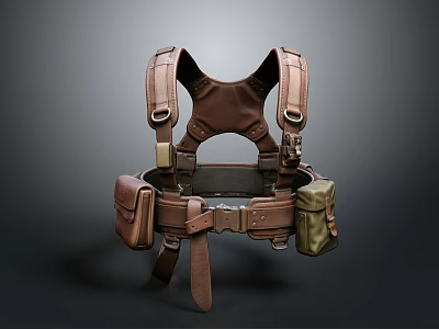 Brown And Green Tactical Vest With Multiple Pockets Straps And Utility Belt 3d model