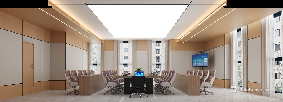 Modern Conference Room Interior Design With Meeting Table Swivel Chairs Digital Screen And Ceiling Lights 3d model 