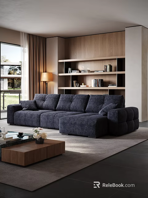 Plush Dark Blue Textured Fabric Sectional Multi Person Sofa For Elegant Modern Living Room 3d model 