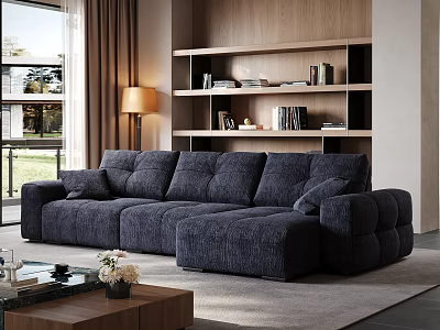 Plush Dark Blue Textured Fabric Sectional Multi Person Sofa For Elegant Modern Living Room 3d model