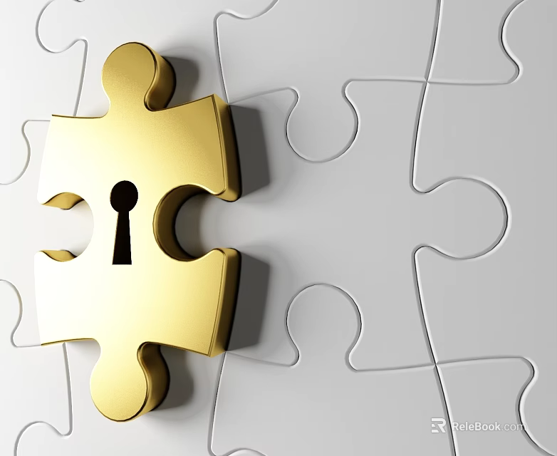 Golden Hinged Door Design Featuring Puzzle Piece Keyhole On White Background 3d model