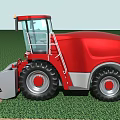 Red Agricultural Tractor With Large Tires Working In Green Crop Field