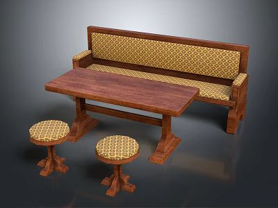 Public Wooden Bench With Woven Seat And Matching Table Stools 3d model