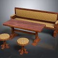 Public Wooden Bench With Woven Seat And Matching Table Stools