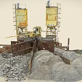 Industrial Factory With Rusty Concrete Silos Crane Gravel Trucks And Equipment