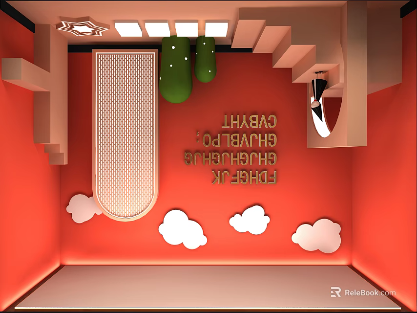 Vibrant Red Background Interior With Cloud Decorations Green Objects And Grid Structure 3d model