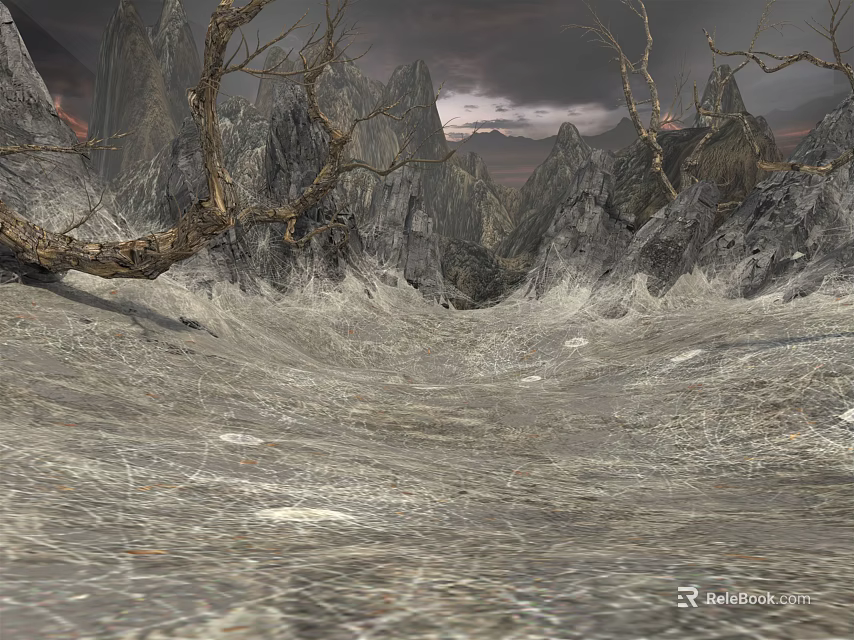 Desolate Garden Landscape With Rocky Terrain Dry Trees And Flowing Water 3d model 