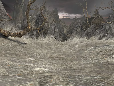 Desolate Garden Landscape With Rocky Terrain Dry Trees And Flowing Water 3d model