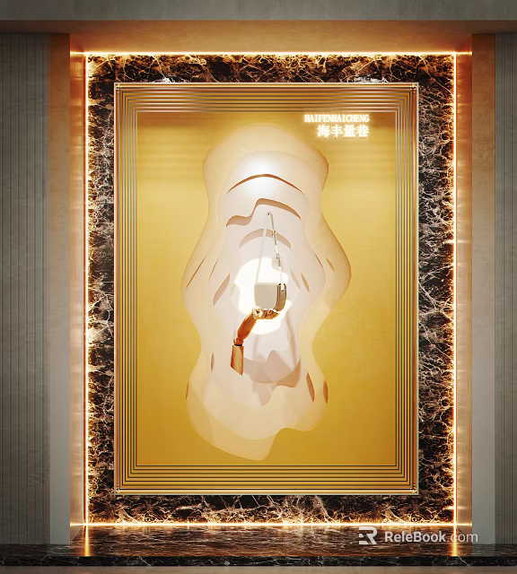 Luxurious Shop Window Display Featuring Golden Frame And Illuminated White Artistic Design 3d model 