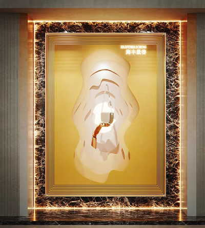 Luxurious Shop Window Display Featuring Golden Frame And Illuminated White Artistic Design 3d model