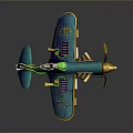 Colorful Toy Airplane Model With Blue Body Green Accents And Gold Propeller