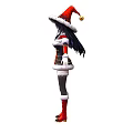 Woman in red and black Christmas costume with Santa hat and white fur trim
