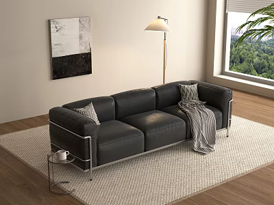 Black Leather Sectional Sofa With Accent Pillows Floor Lamp Wall Art And Scenic Window View 3d model
