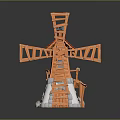 Orange Windmill Sculpture Carving With Rotating Blades And White Base Structure 3d model