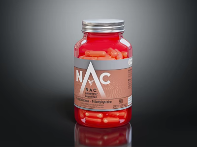 Premium Food Supplement NAC Capsules in Red Bottle with Orange Pills 3d model