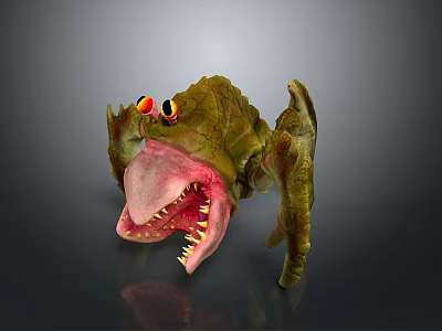 Fierce Green Creature With Large Red Eyes Sharp Teeth Open Mouth And Wings 3d model