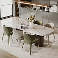 Modern Dining Table Set With Marble Top Green And White Chairs Vase Flowers And Books