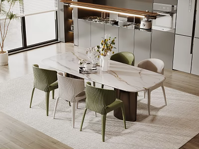 Modern Dining Table Set With Marble Top Green And White Chairs Vase Flowers And Books 3d model