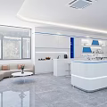 Modern Exhibition Hall Interior With White Round Counters Blue Accents And Gray Marble Flooring