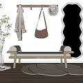 Modern Entryway Shoe Cabinet with Scalloped Mirror Coat Rack and Bench