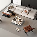 L shaped Beige Sofa with Throw Pillows and Patterned Coffee Table in Modern Living Room