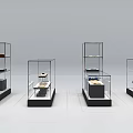 Modern Glass Showcase Shelves With Black Bases For Retail Product